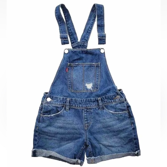 Levis Shortalls Blue Bib Shorts Girls 12R 29x4 Distressed Med Wash Cotton Denim - Picture 1 of 12